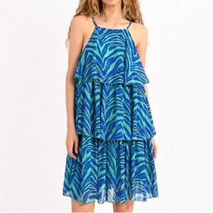 NWT Lili Sidonio Molly Bracken Ruffled Dress Blue Green Size Small Retail $98.00